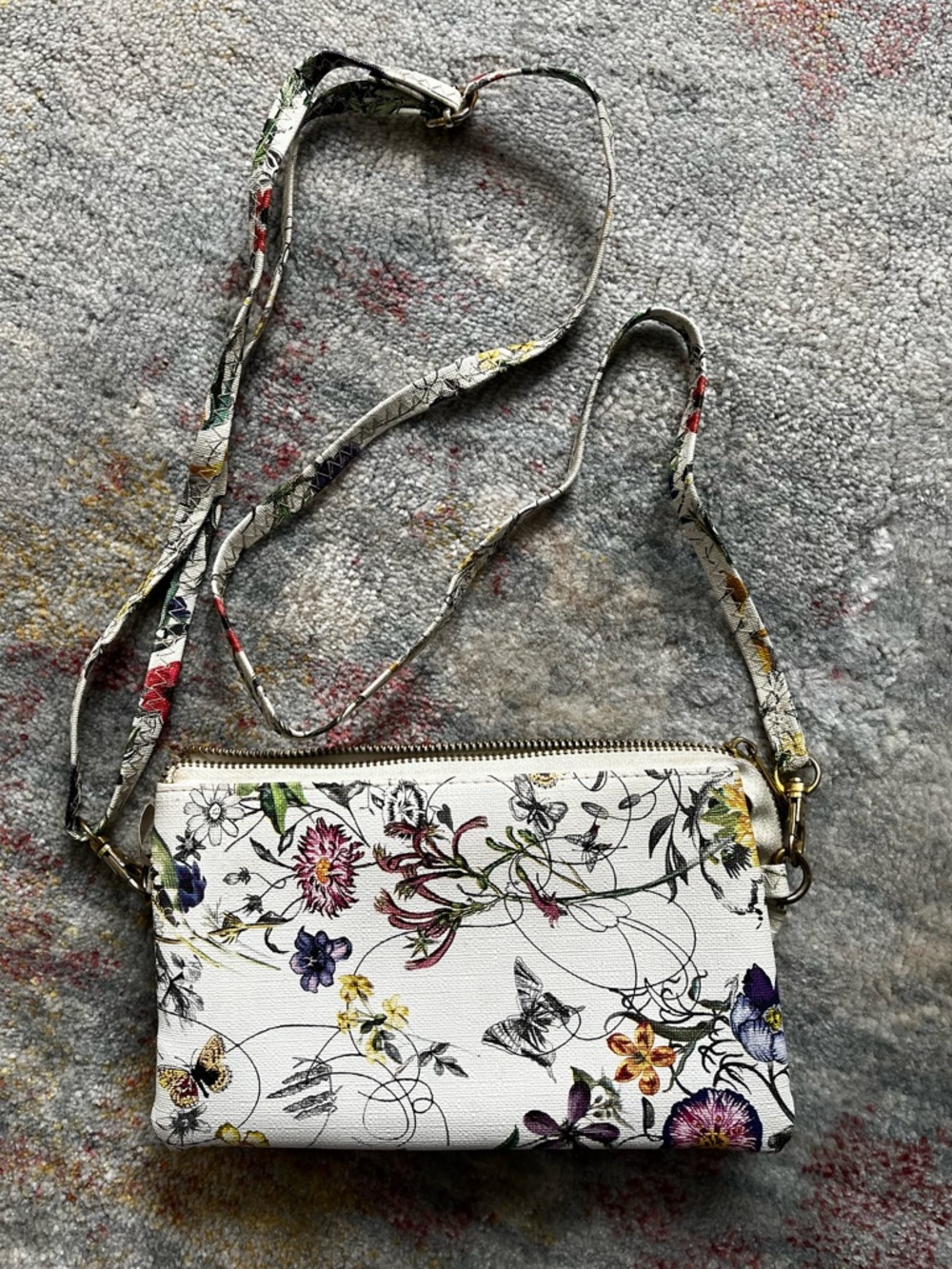 White Floral Crossbody Bag with Multi-Color Print— card holders— strap